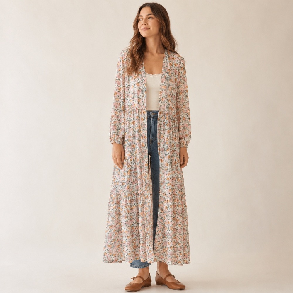 Wild Fable Women Floral Duster Cardigan XS/S Pink Tiered Maxi Boho Kimono Jacket